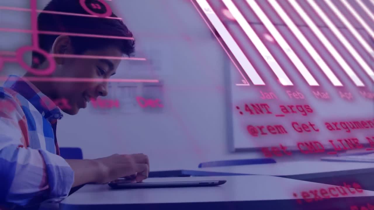 animación de procesamiento de datos y gráficos sobre un niño biracial usando una computadora portátil en la escuela