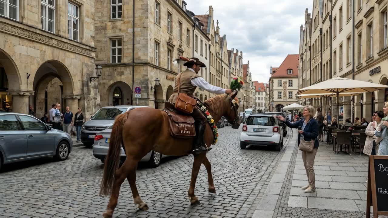 Cavaliere storico a cavallo su strada acciottolata