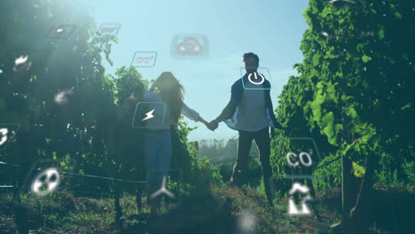 animation of network of eco icons over caucasian couple in vineyard