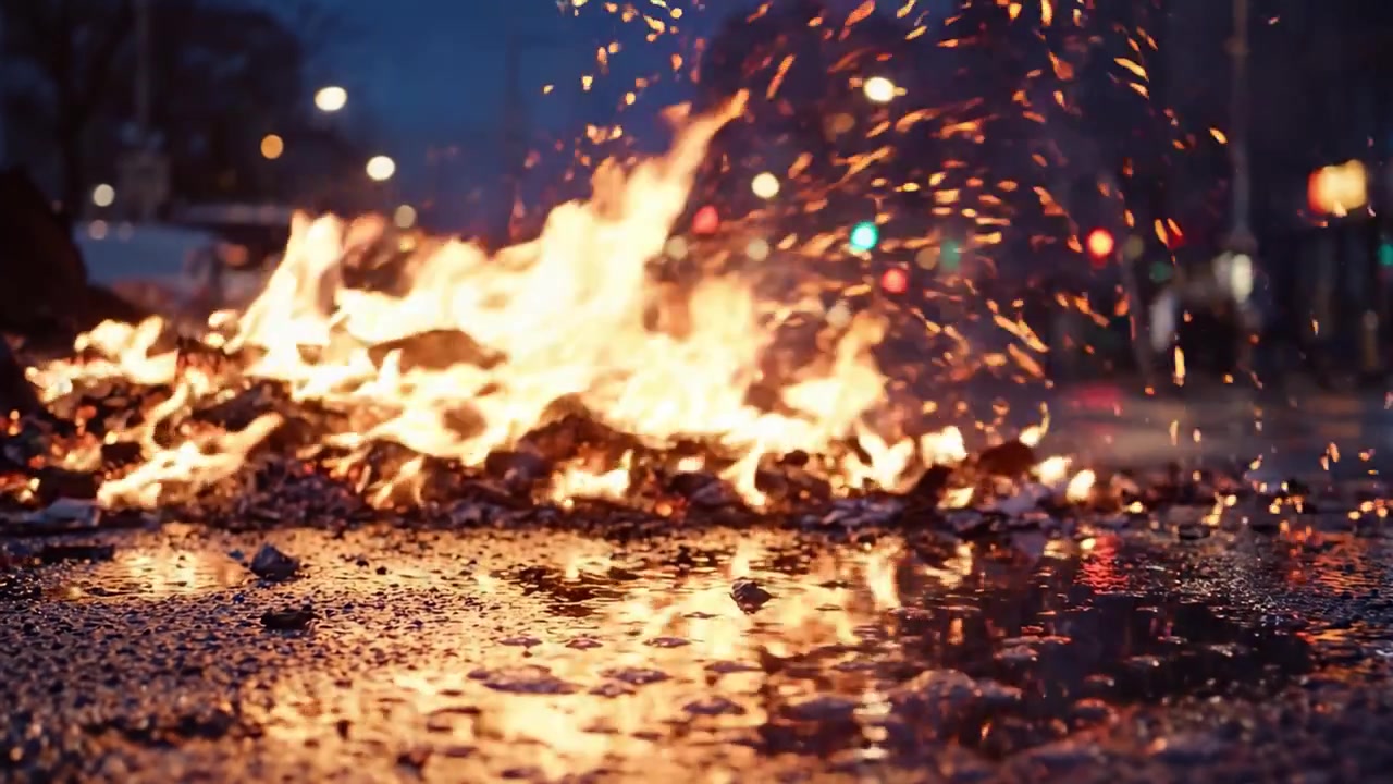 Dramatische Flammen brechen auf einer Stadtstraße aus und erzeugen eine feurige Szene inmitten von Reflexionen auf nassem Pflaster und schwachen Straßenlaternen.