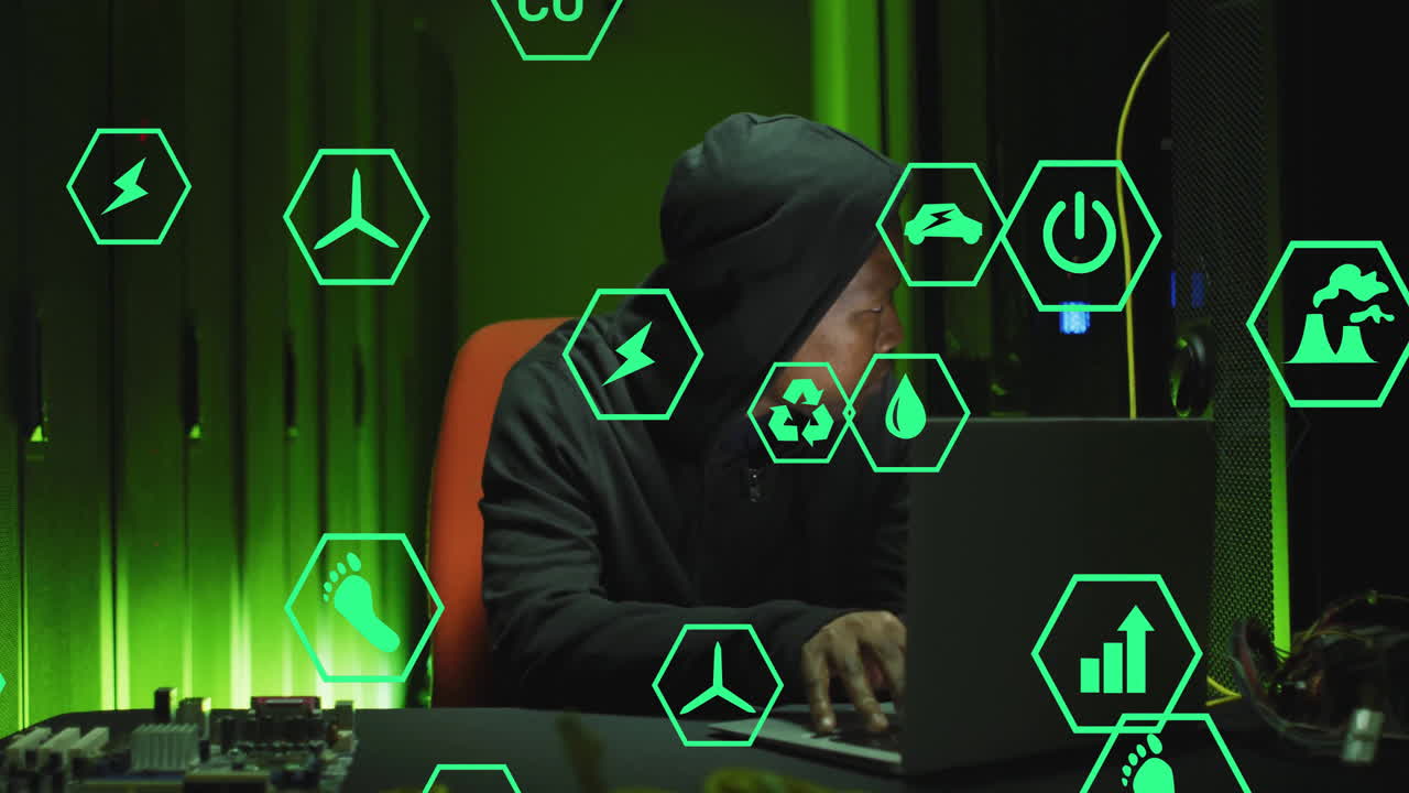 Using laptop with animation of green energy icons, person in hoodie working