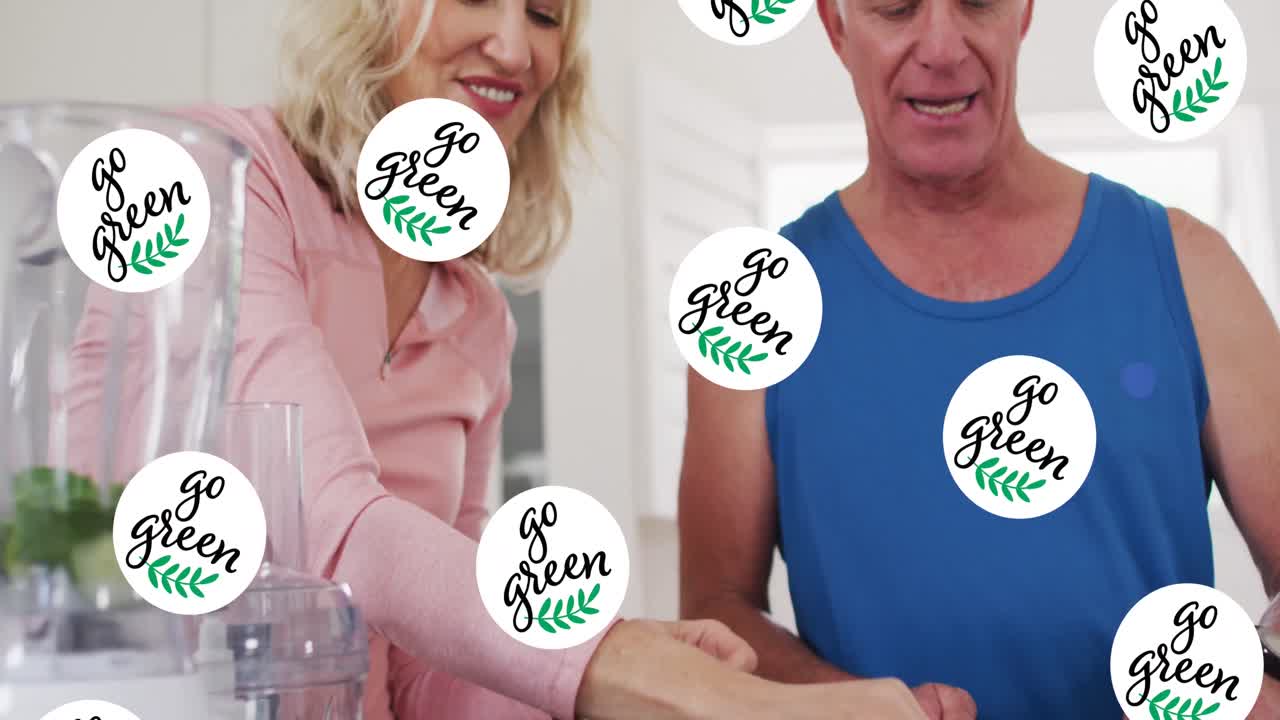 Animation von Go Green-Text über einem kaukasischen Seniorenpaar beim Kochen