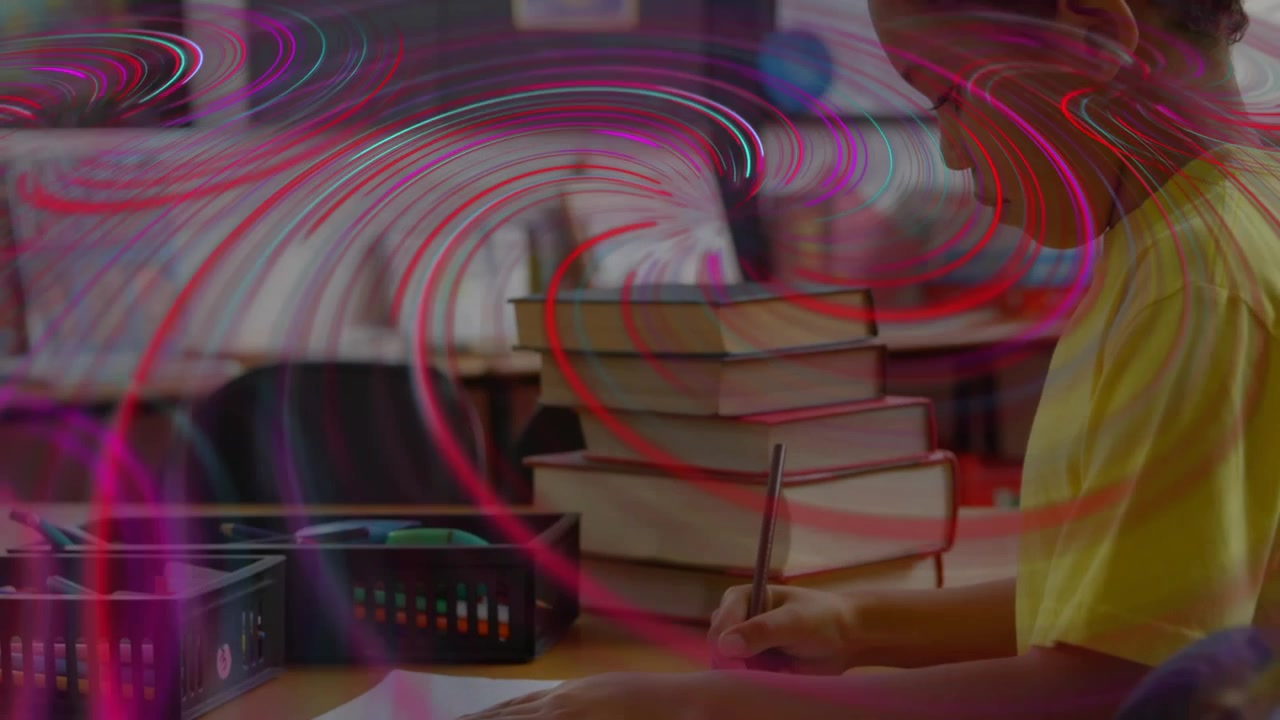 Student lifting pencil and starting writing to study with swirling magenta, cyan and red lines