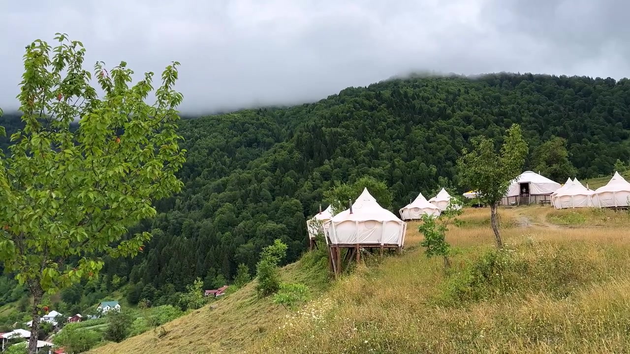 Camping i skovlandskab i lærreds-klokketelt i skovluksus Armenien Georgien Wyoming park filmisk frisk meditation afslapning glamping naturskøn panoramisk tilbagetog vildmark fredfyldt flugt eventyr