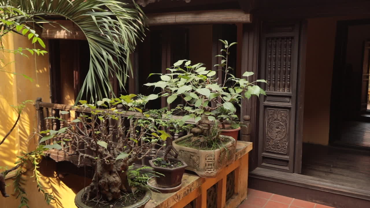 Traditional wooden doorway with potted plants outside an old house in Hanoi, Vietnam