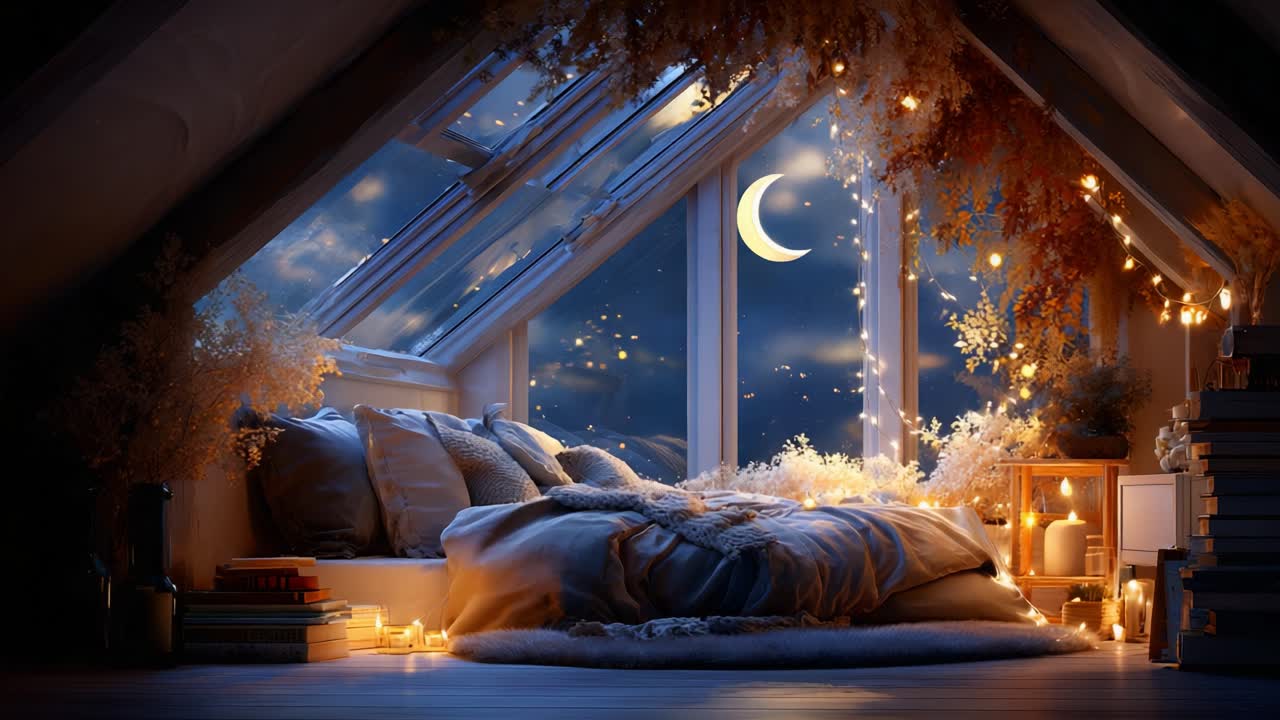 A Cozy Attic Bedroom Bathed in Soft Moonlight, Adorned with String Lights and Botanicals, Creating a Dreamy Atmosphere Perfect for Relaxation and Reflection
