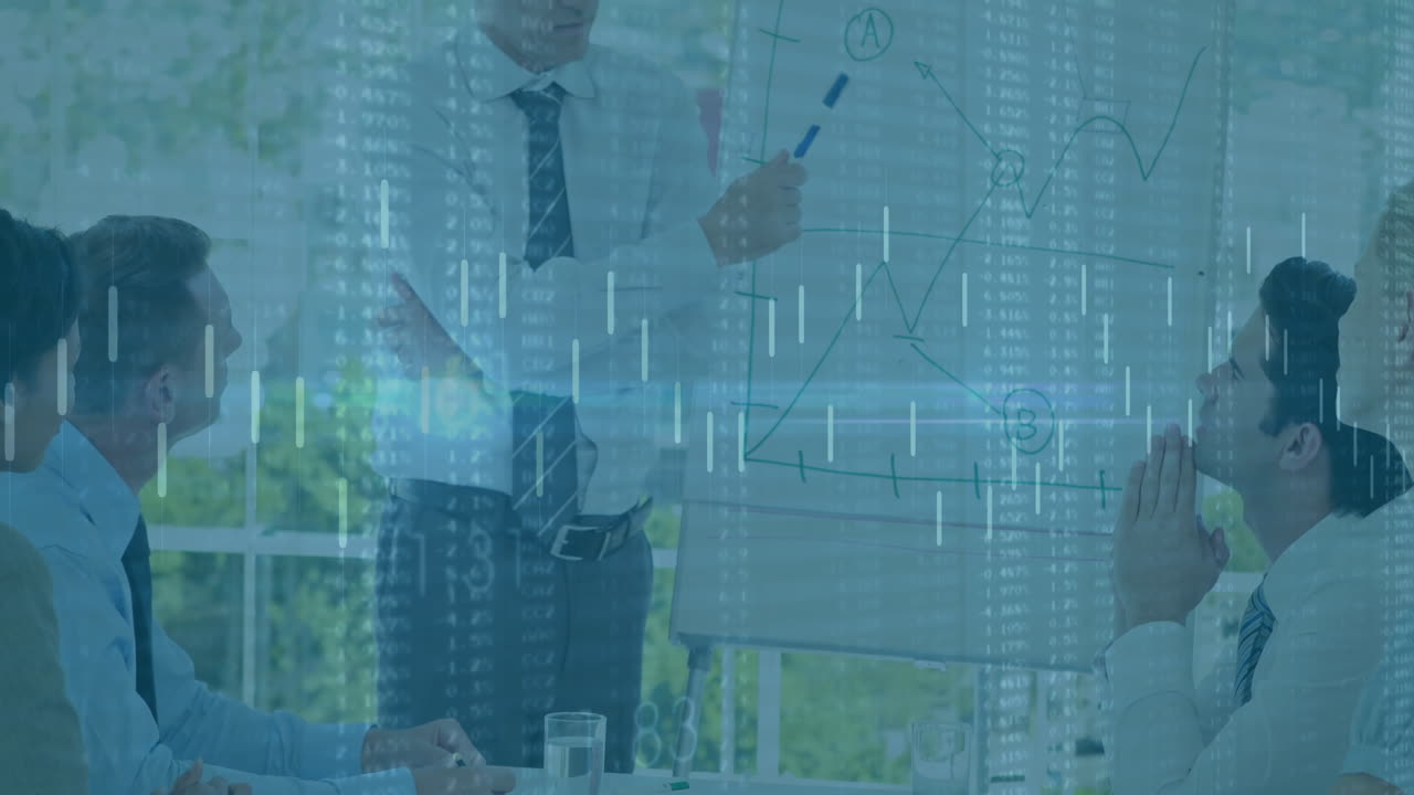 Discussing charts, business meeting with financial data animation in office setting