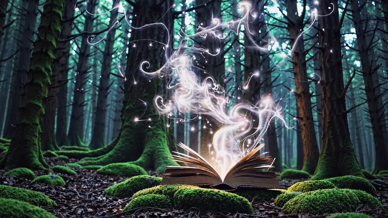 A magical open book emits glowing swirls in a mossy forest