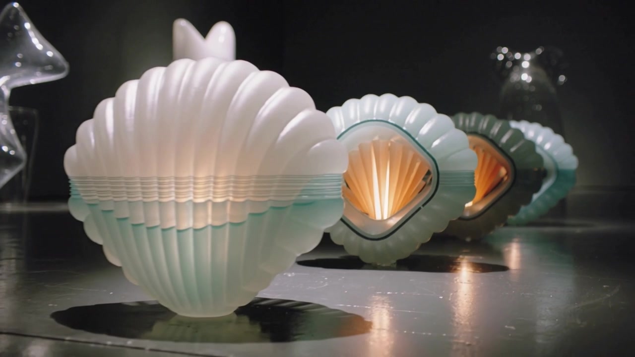 Shifting camera bringing shell-shaped lamp forward on glossy dark shelf to highlight warm glow