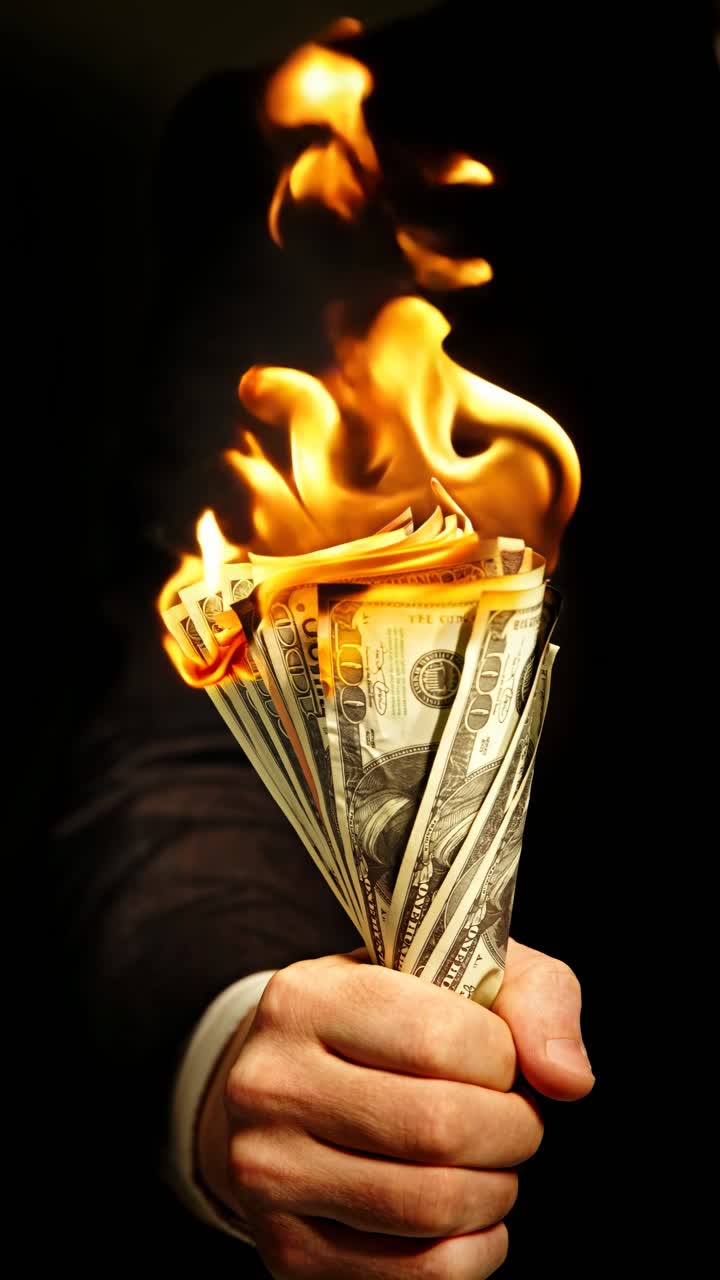 Mano che tiene banconote di dollari USA in fiamme con fiamme vivaci su sfondo scuro, a simboleggiare perdite finanziarie, crisi, inflazione, debito o rischio economico
