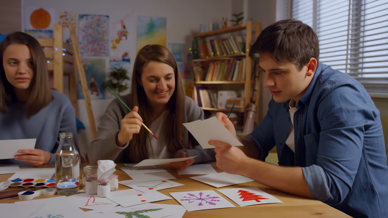 Young friends painting and creating art together at a table