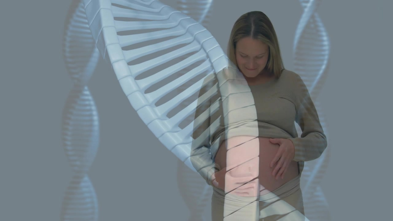 Rotating DNA helix overlaying pregnant woman's cradling bump activating genetic connection overlay
