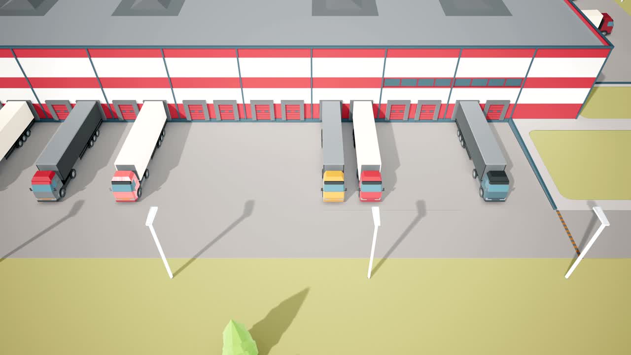 로지스틱 창고의 공중 사진, 짐과 해상 도크 근처의 준 트럭과 트레일러.