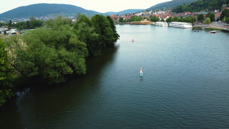 paddleboarding on a river with cityscape view