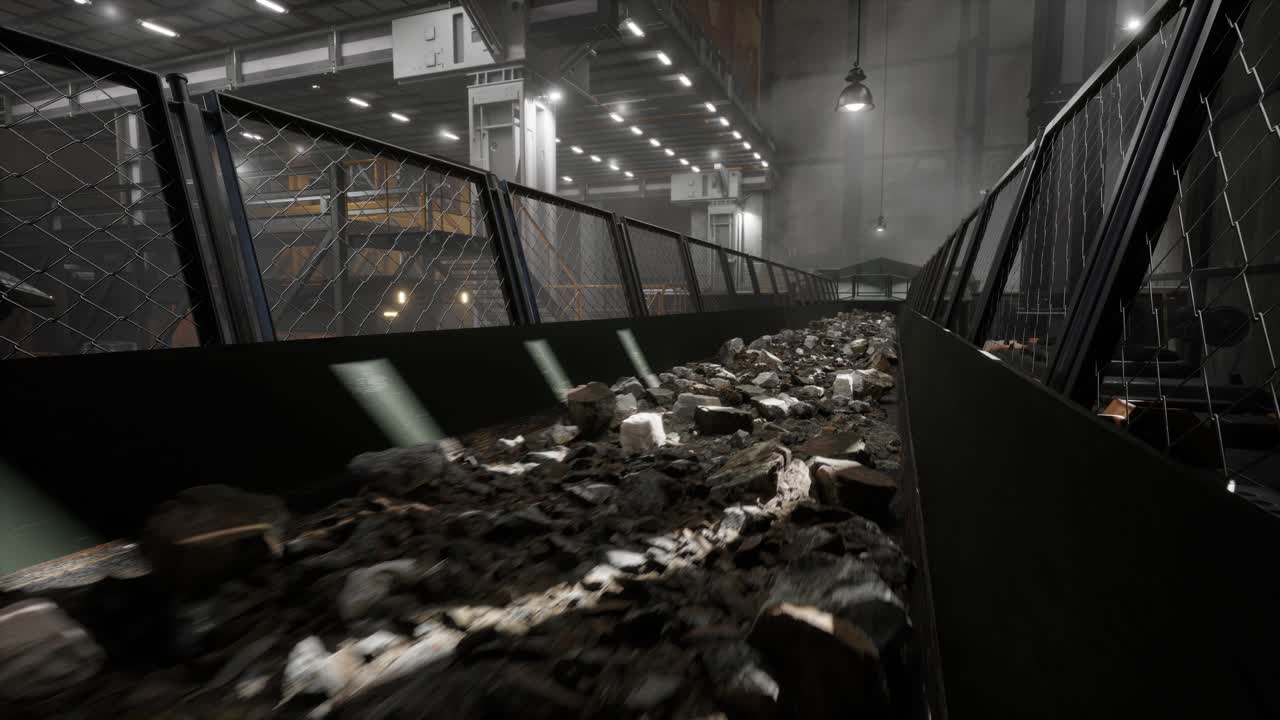 transporte de mineral de cobre realizado en la fábrica. transportador industrial de minería en la fábrica de procesamiento de mineral