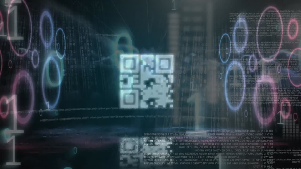 animación del código qr y procesamiento digital en fondo negro