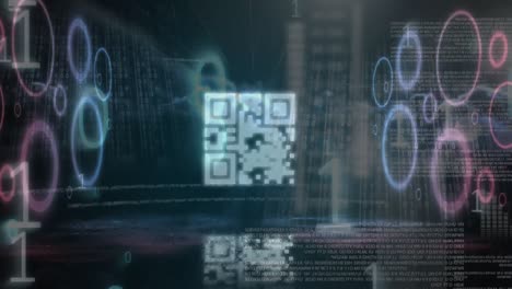 Animation of qr code and digital processing on black background