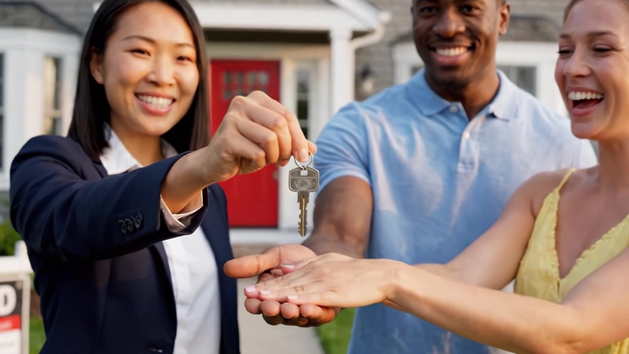 Joyful Homeowners Celebrate Their New Beginning with a Trusted Real Estate Agent After Closing the Sale of Their Dream House, Full of Hopes and Happiness.