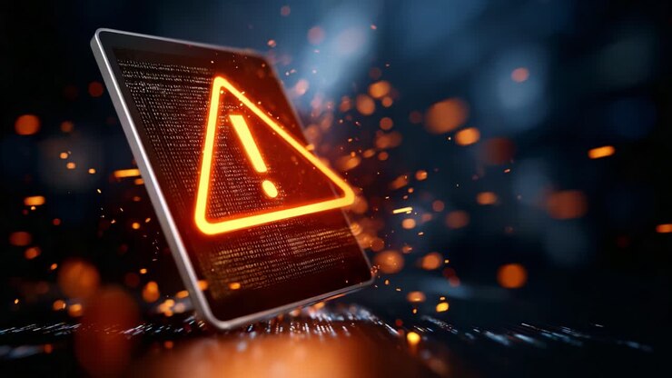 Dynamisches Warnschild mit Funken und Glüheffekten vor dunklem Hintergrund, das Vorsicht und Aufmerksamkeit in digitalen Umgebungen betont