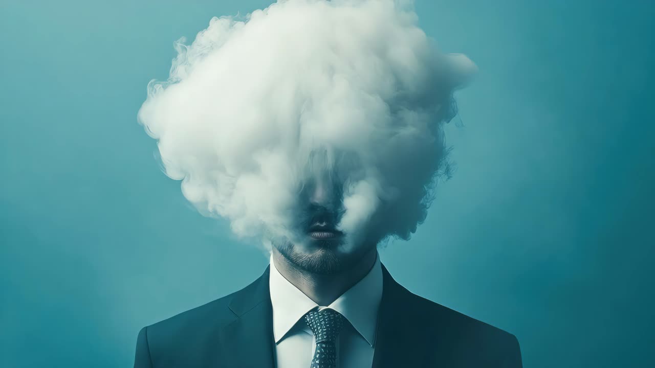 Surreal video concept of a man in a suit with a cloud obscuring his face
