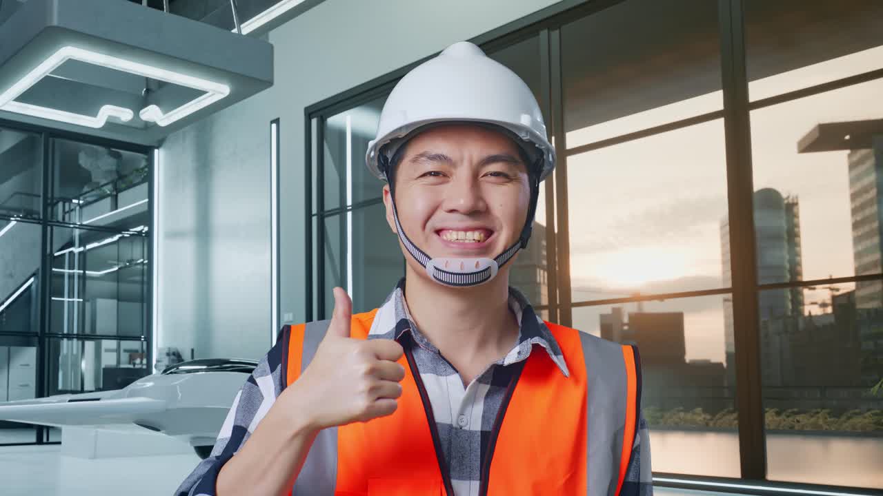 안전 헬을 입은 아시아 남성 엔지니어가 미소 짓고 엄지손가락을 보여주며 드론 프로젝트와 함께 카메라에 제스처를 하고 있습니다.