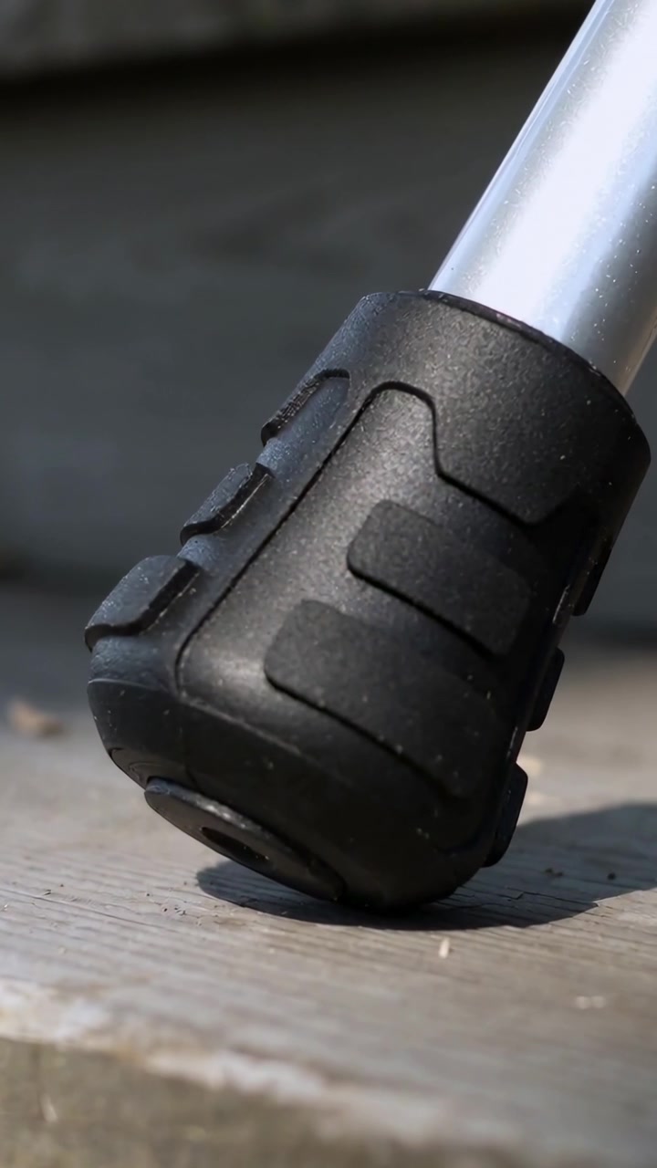 Vertikal video: Gyngende metalben presser gummispids, komprimerer og sætter sig på platform med skive