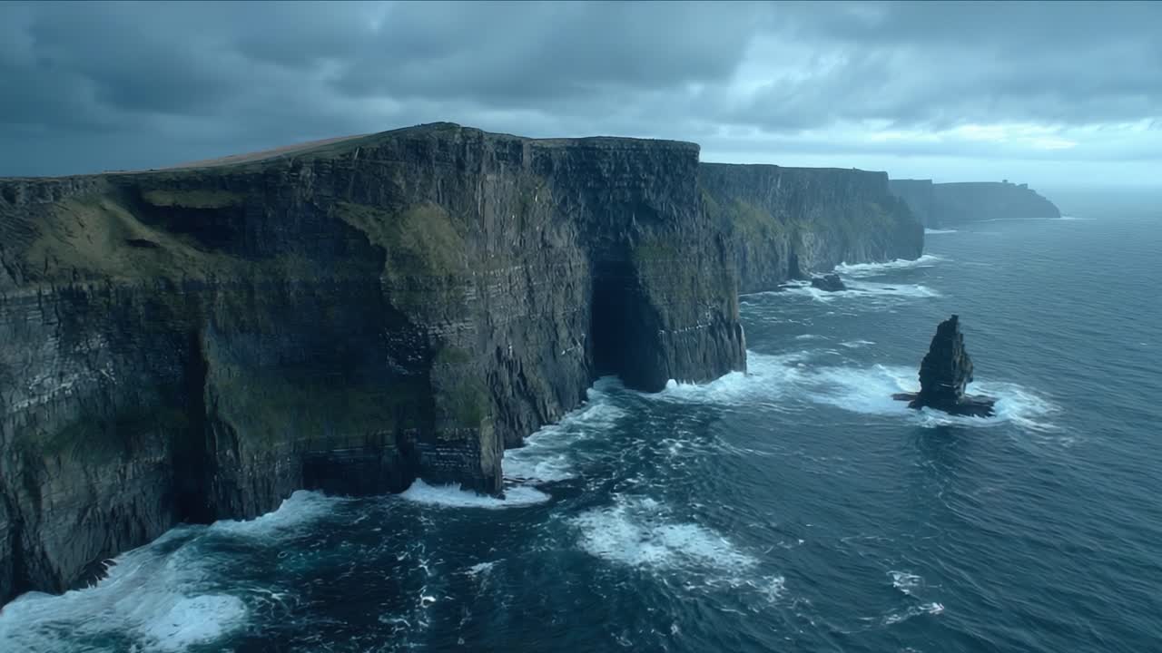 Dramatic Coastal Cliffs and Turbulent Waters: Captivating View of Majestic Seascape with Serene Gray Skies and Rugged Rock Formations