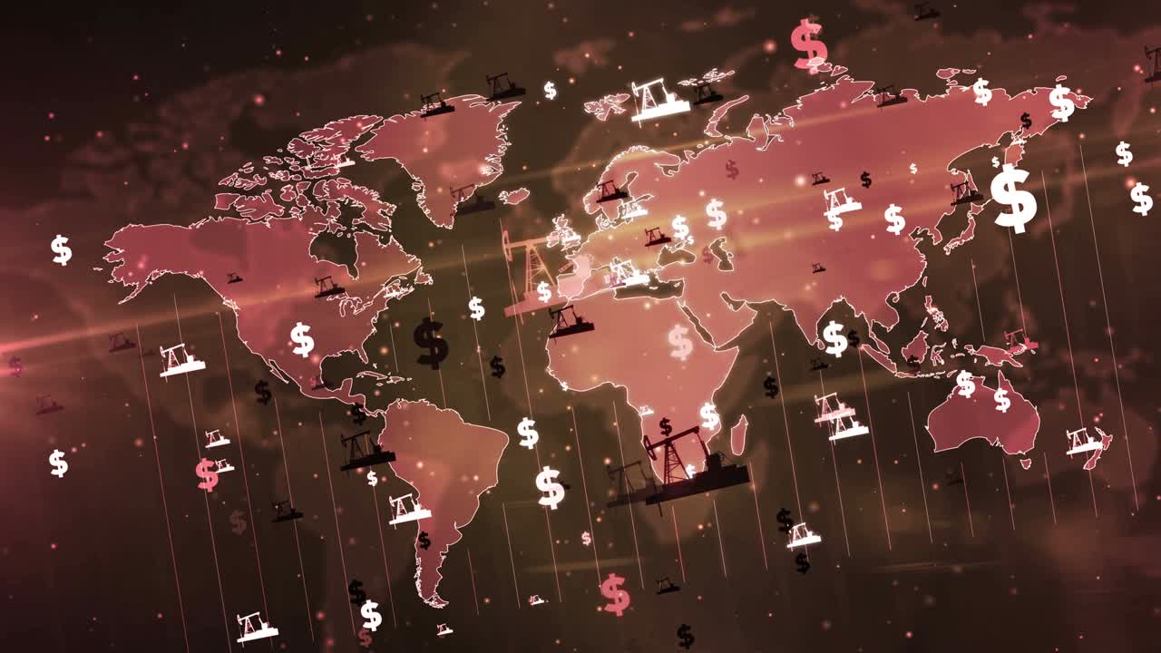 Dollar money and oil symbols over world map loop and seamless background