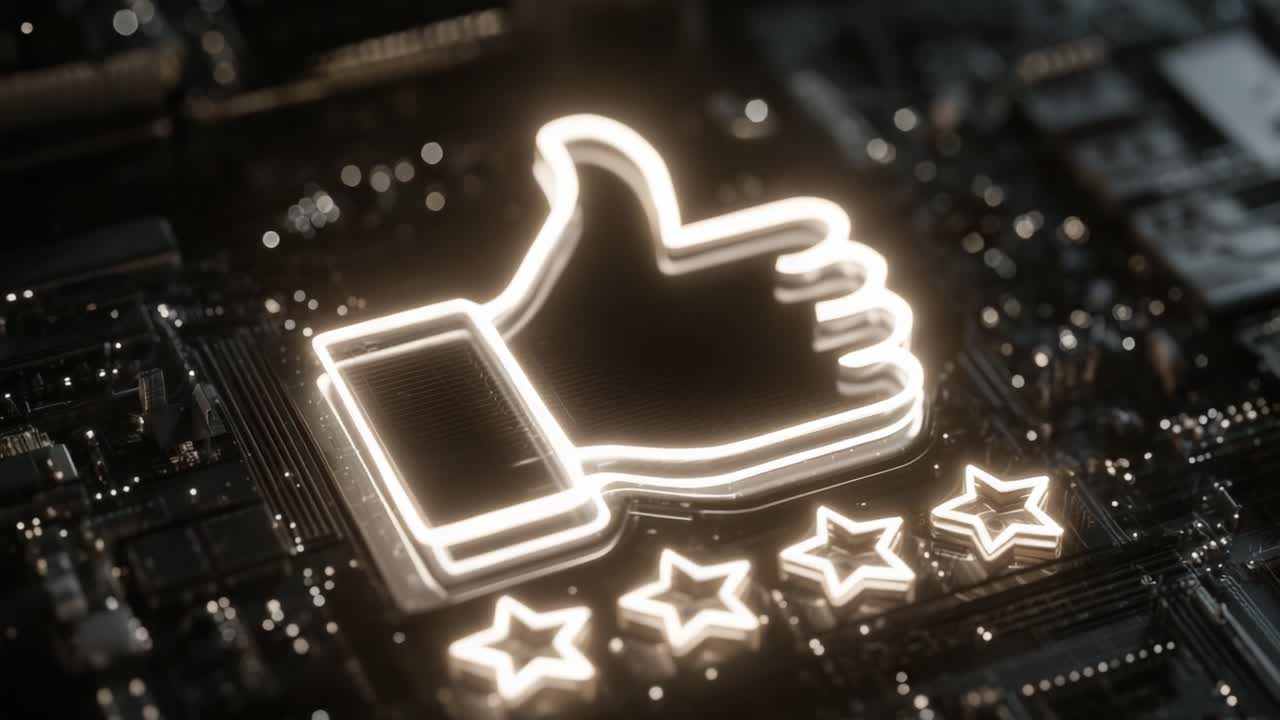A Digital Representation of Approval: Illuminated Thumbs-Up and Stars on a Circuit Board Background Reflecting Modern Technology and Connectivity
