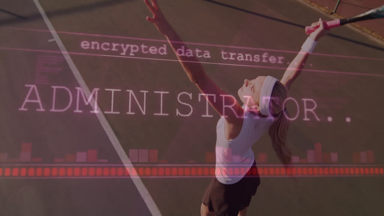 Woman preparing serve with tennis racket on court featuring glitch data graphs for tech analytics