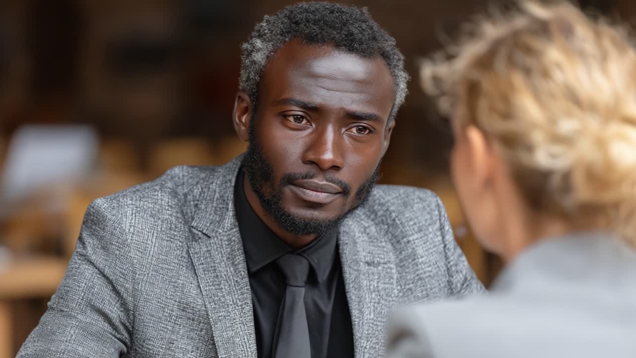 A Focused Discussion in a Modern Cafe: Capturing the Intense Interaction Between Two Professionals Engaged in a Serious Conversation Over Coffee