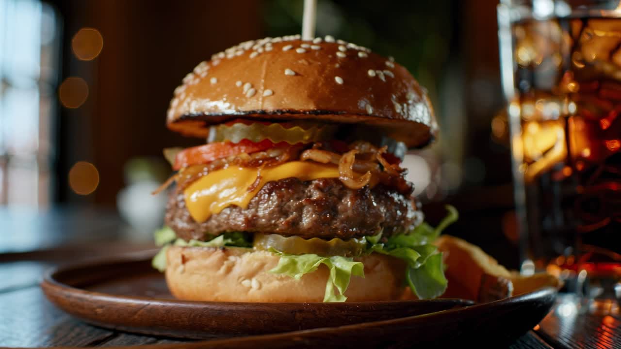 Juicy burger with a toasted sesame seed bun, melted cheese, crispy fried onions, fresh lettuce, tomato, and pickles, paired with a refreshing glass of cola