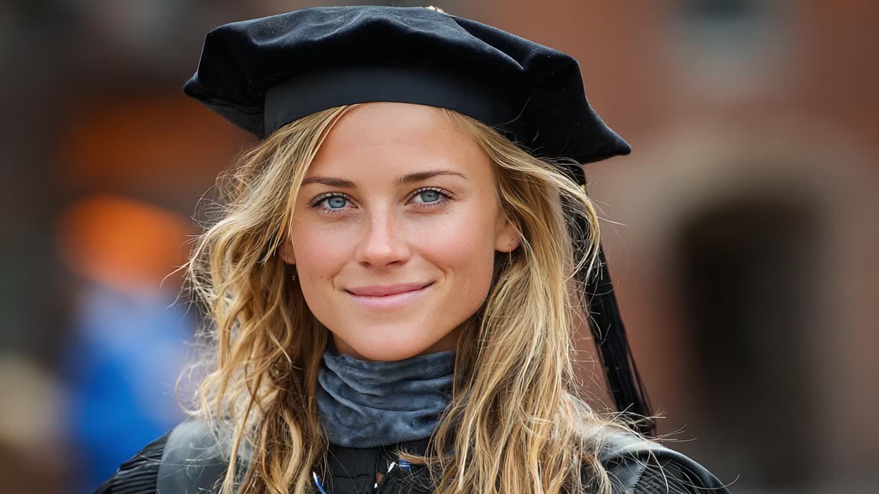 Giovane donna in abito accademico che festeggia la laurea, mostrando orgoglio e successo con un sorriso caloroso su uno sfondo sfocato