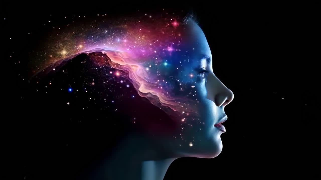 Un profilo laterale del volto di una donna si fonde con una galassia cosmica, simboleggiando l'immaginazione.