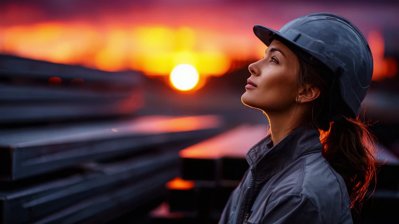 A Dedicated Female Construction Worker in a Hard Hat Stands Against a Vivid Sunset, Representing Strength, Determination, and Professionalism in the Construction Industry, Highlighting Empowerment and Resilience