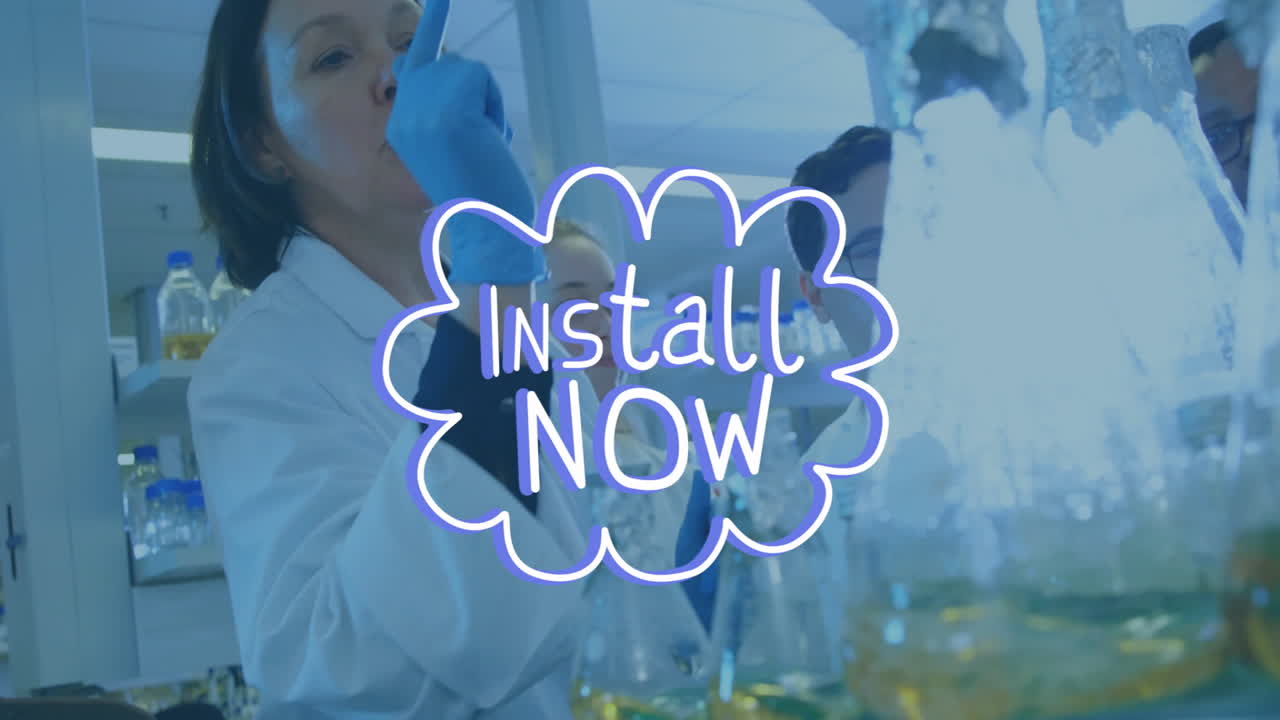 In lab, scientists conducting experiments with Install Now text overlay animation