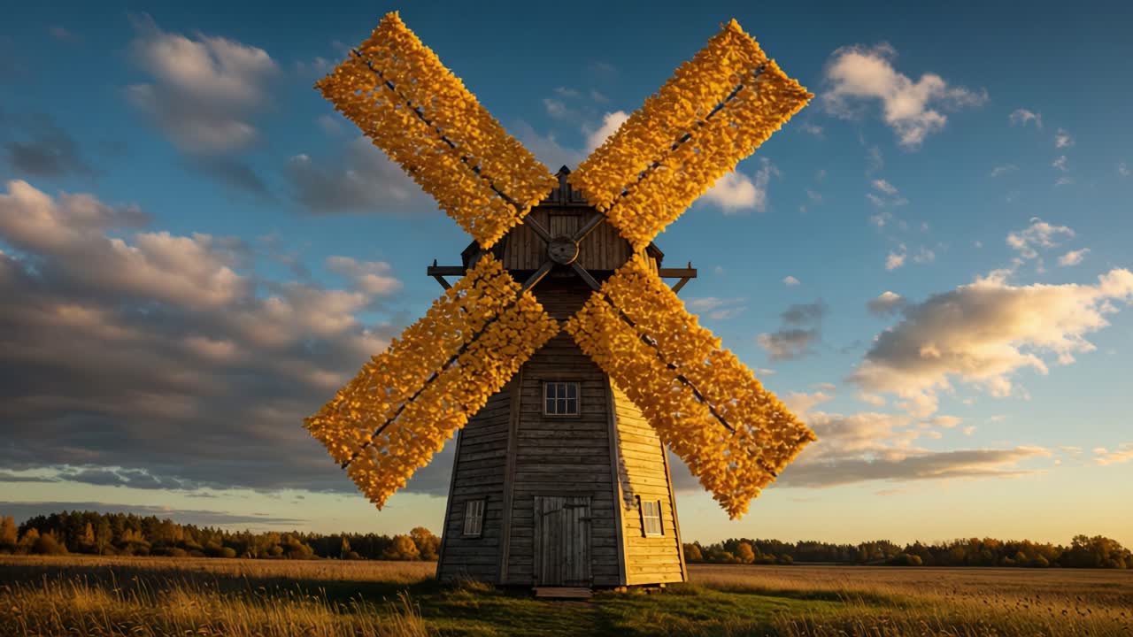 A Beautiful Sunset Over a Rustic Windmill Surrounded by Golden Tones and Striking Clouds, Capturing the Essence of Tranquility and Nature's Majestic Charm