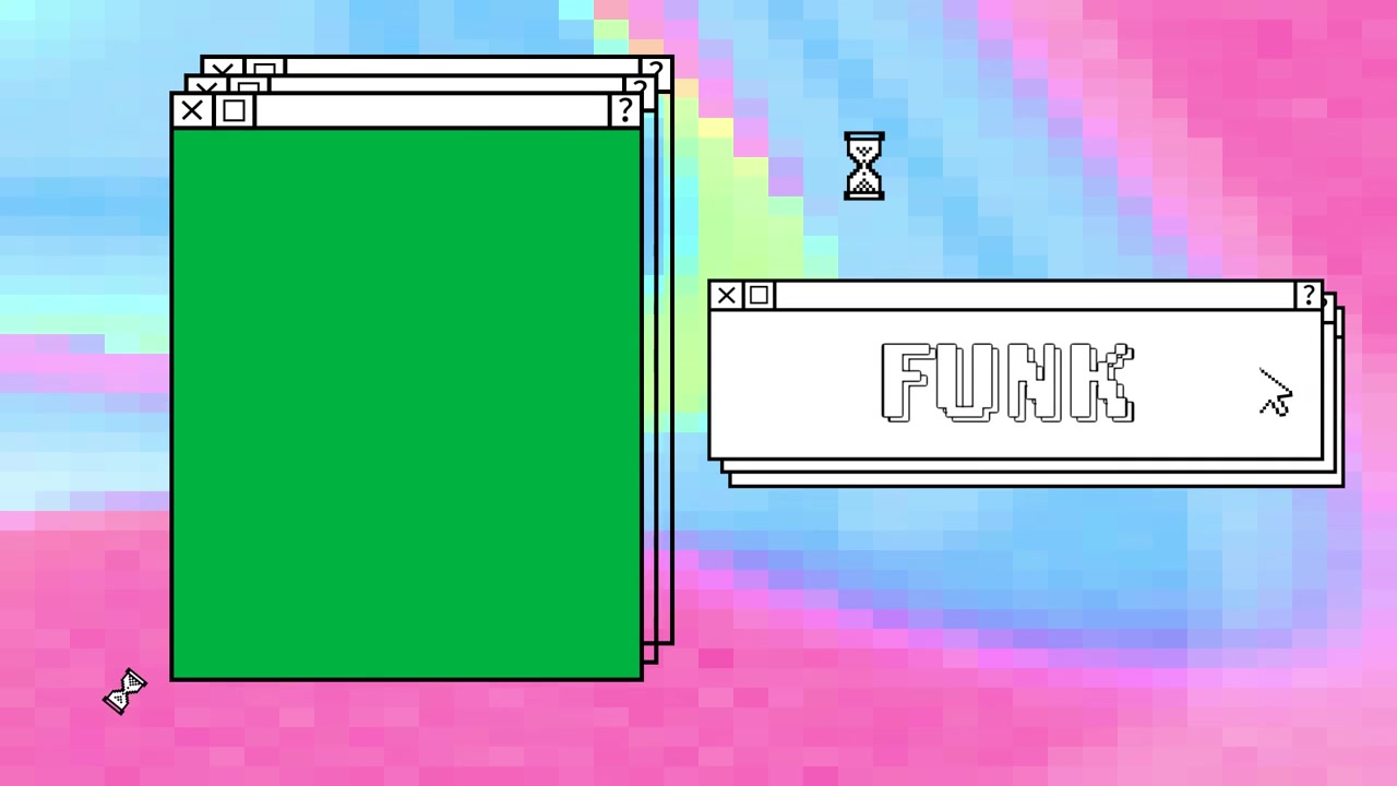 Animation of computer screen windows and funk text on colorful background