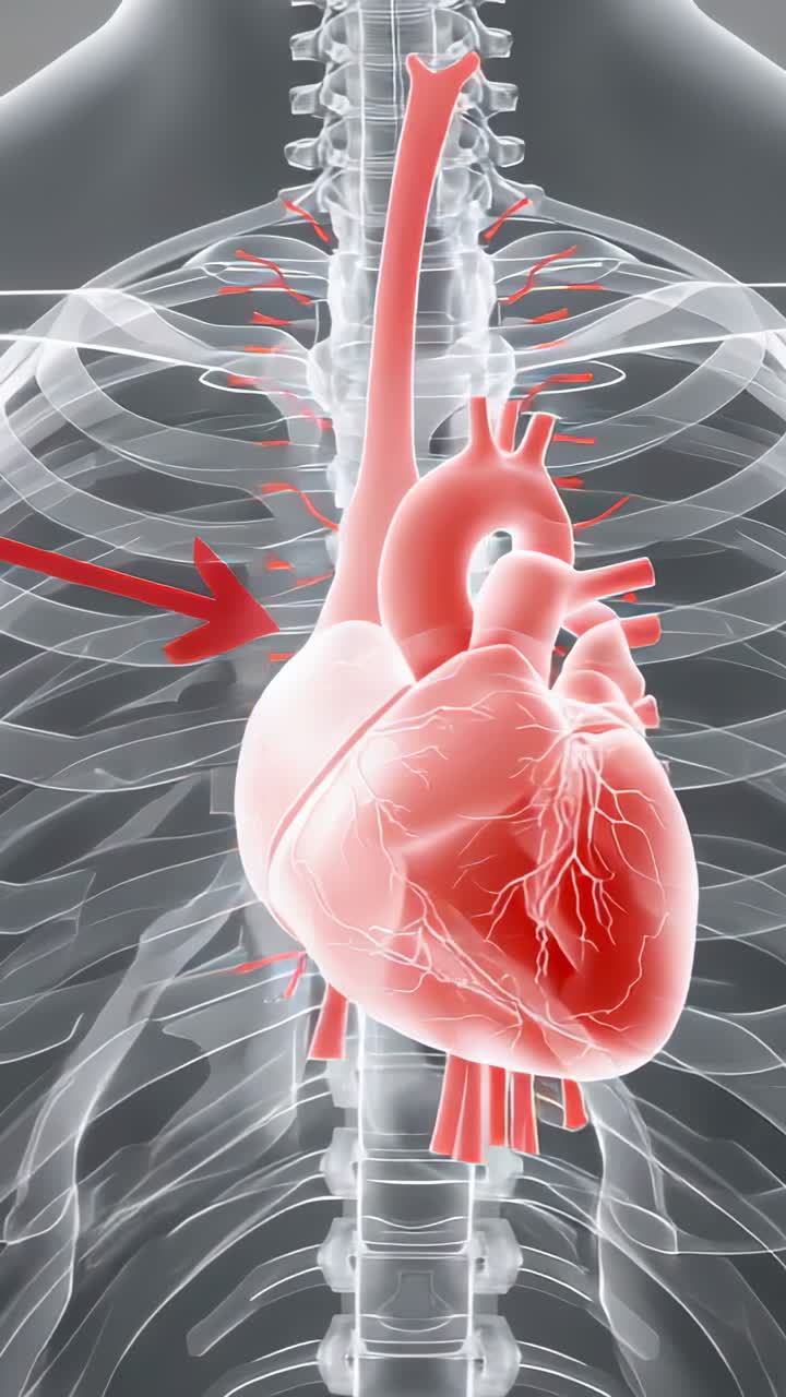 Video verticale: rotazione della camera che rivela un cuore rosso pulsante con aorta nel torace clinico per lo studio