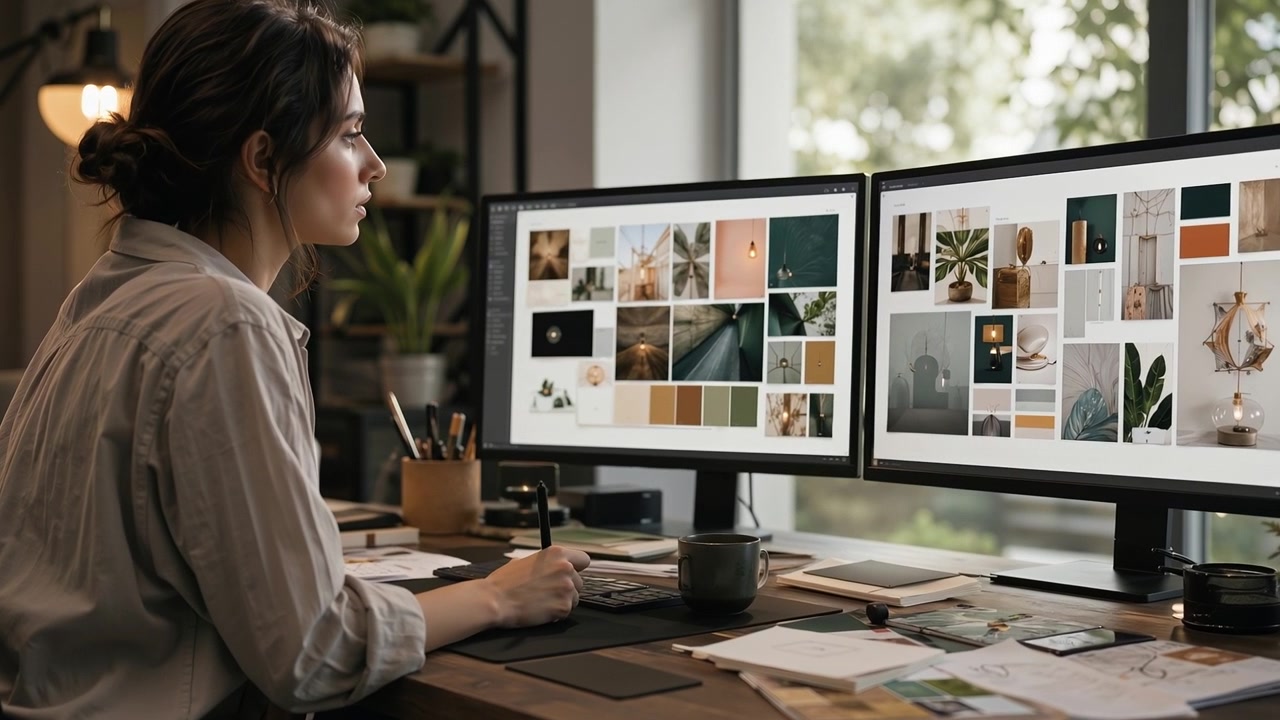 Designérka analyzující digitální mood board s obrázky na dvou monitorech v moderní kanceláři.