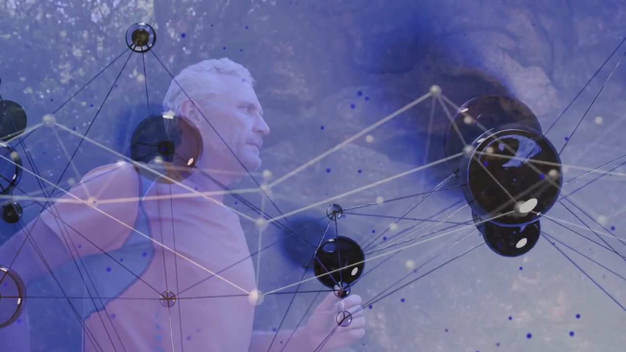 Mature man walking path, motion initiating data network overlay drifting and densifying across face