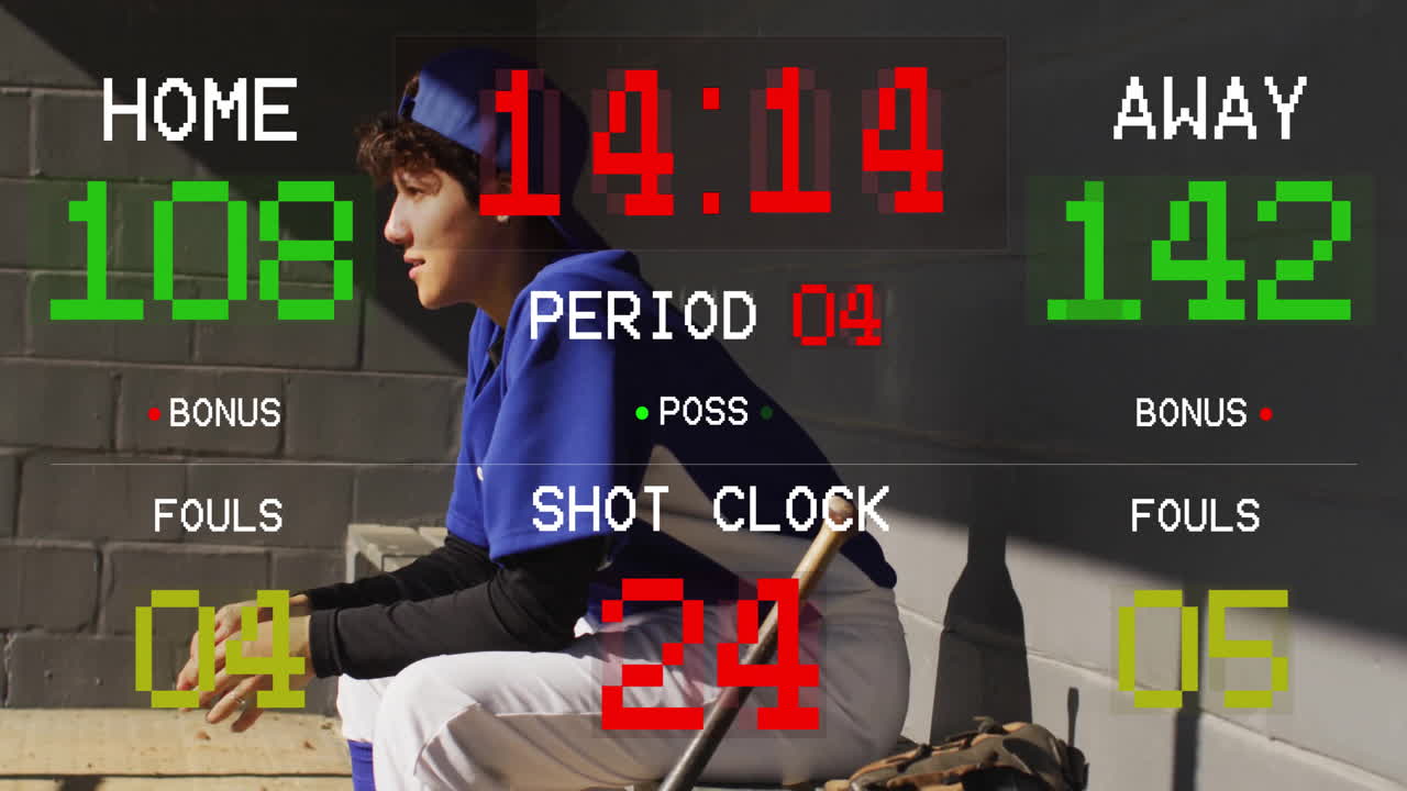 Scoreboard animation over baseball player sitting in dugout with bat and glove