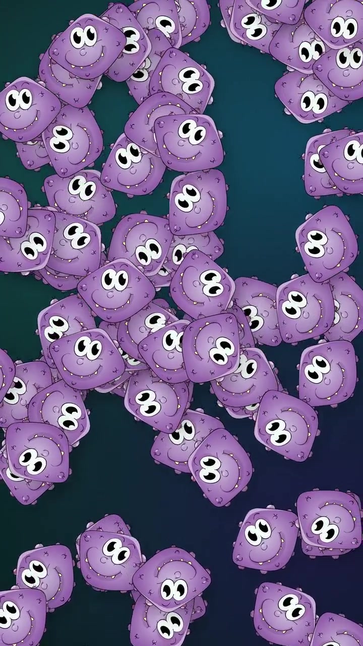 Animated purple cartoon bacteria characters fall vertically against a dark gradient mesh background.