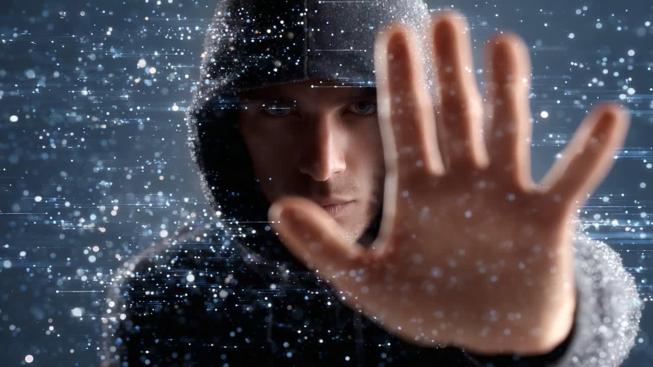 A mysterious figure in a hoodie interacts with a shimmering display of stars and particles, showcasing the blend of technology and the human experience