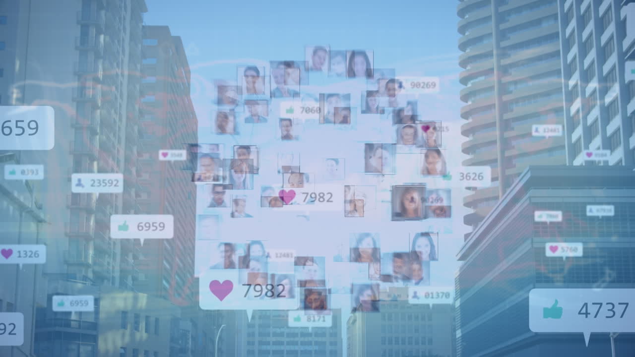 소셜 미디어 반응과 시티 스케이프에 대한 사용자 아이콘의 애니메이션