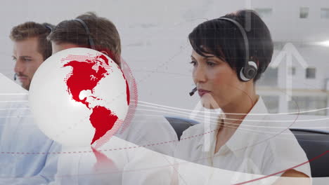animation of globe and arrows over business people wearing headsets