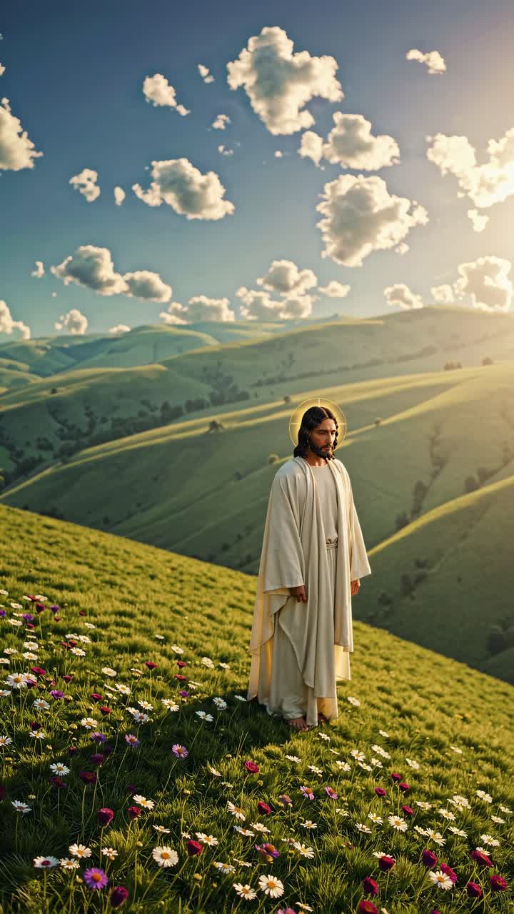 A close-up, front-facing video frame of a solemn, bearded figure with long hair
