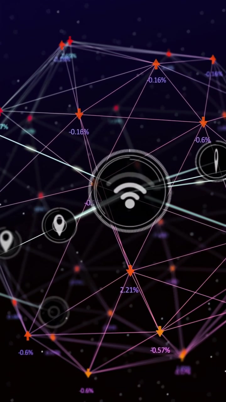 Rotating wireframe globe showing pulsing HUD rings in starfield, highlighting nodes and percentages