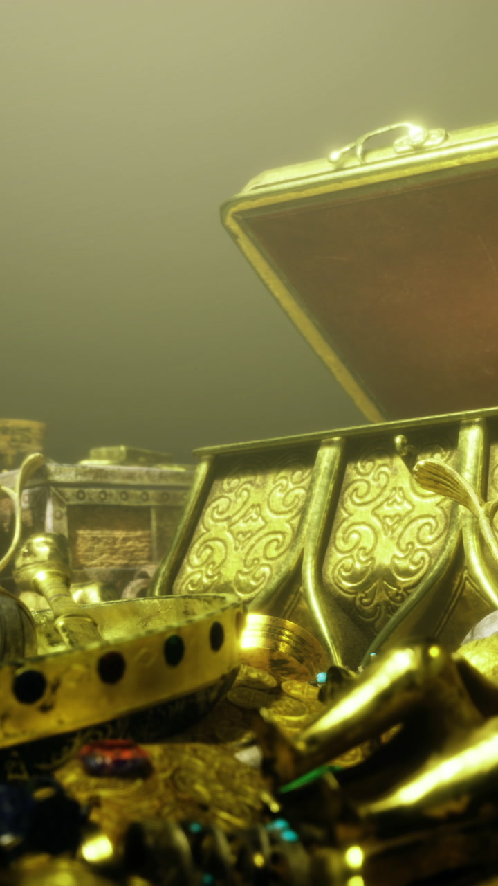 Hidden treasures sparkle in an ancient chest beneath the sea