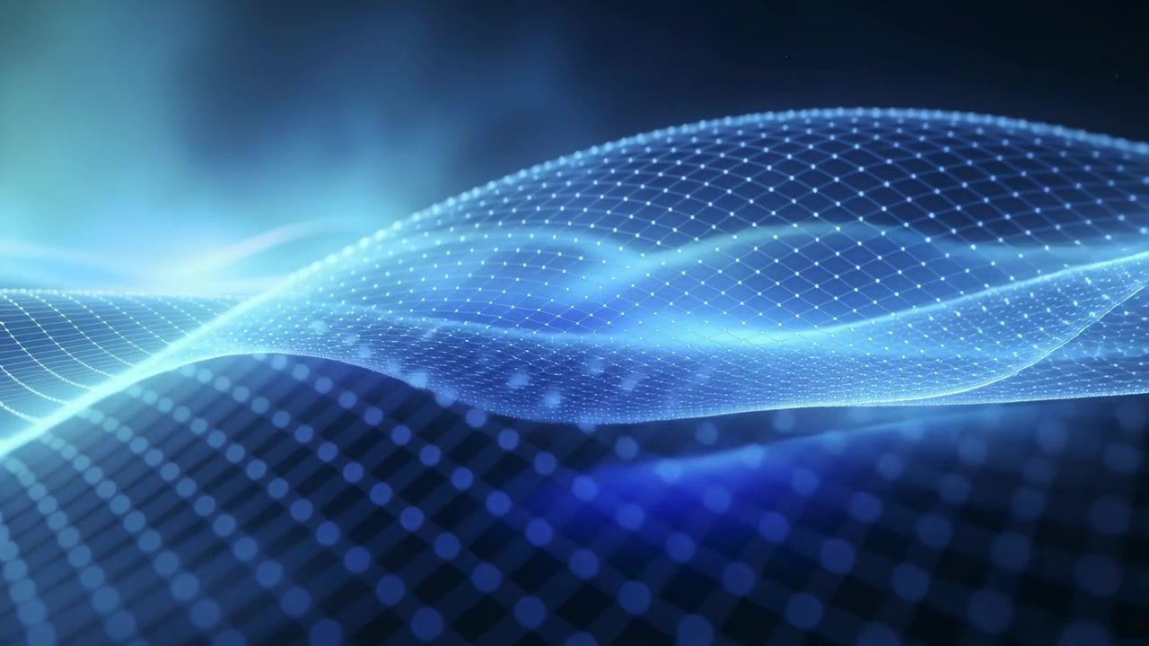 Starting frame one, glowing blue wave mesh with dotted grid and ribbon bands rising, creating depth